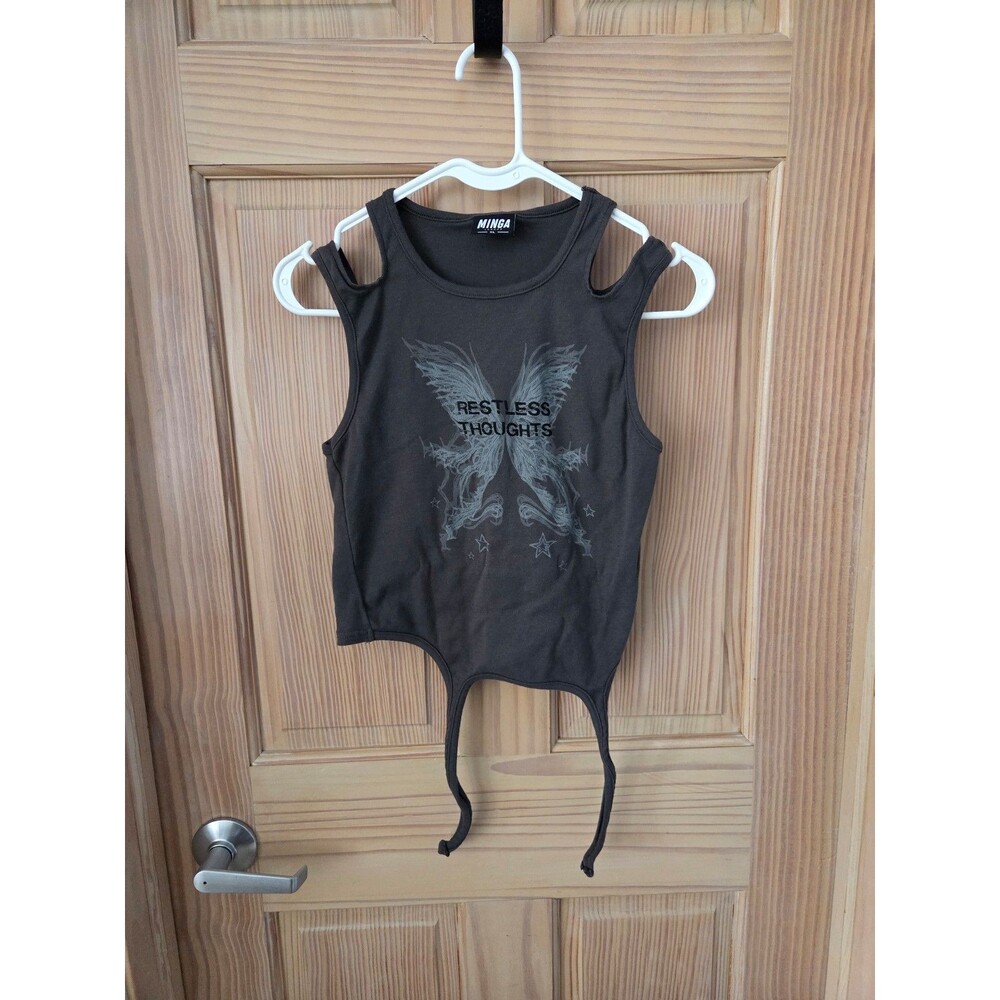 Minga London Grey Restless Thoughts Butterfly Strappy Crop Tank Top XL